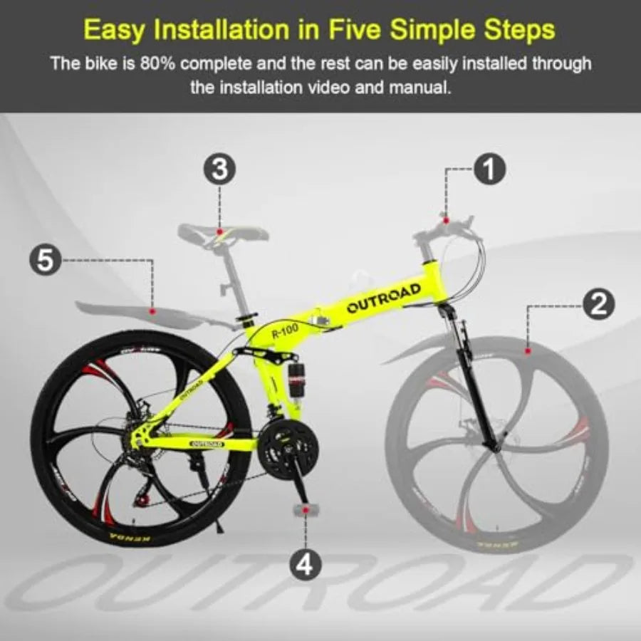 26 Inch Folding Mountain Bike 21 Speed Full Suspension With Dual Disc Brake