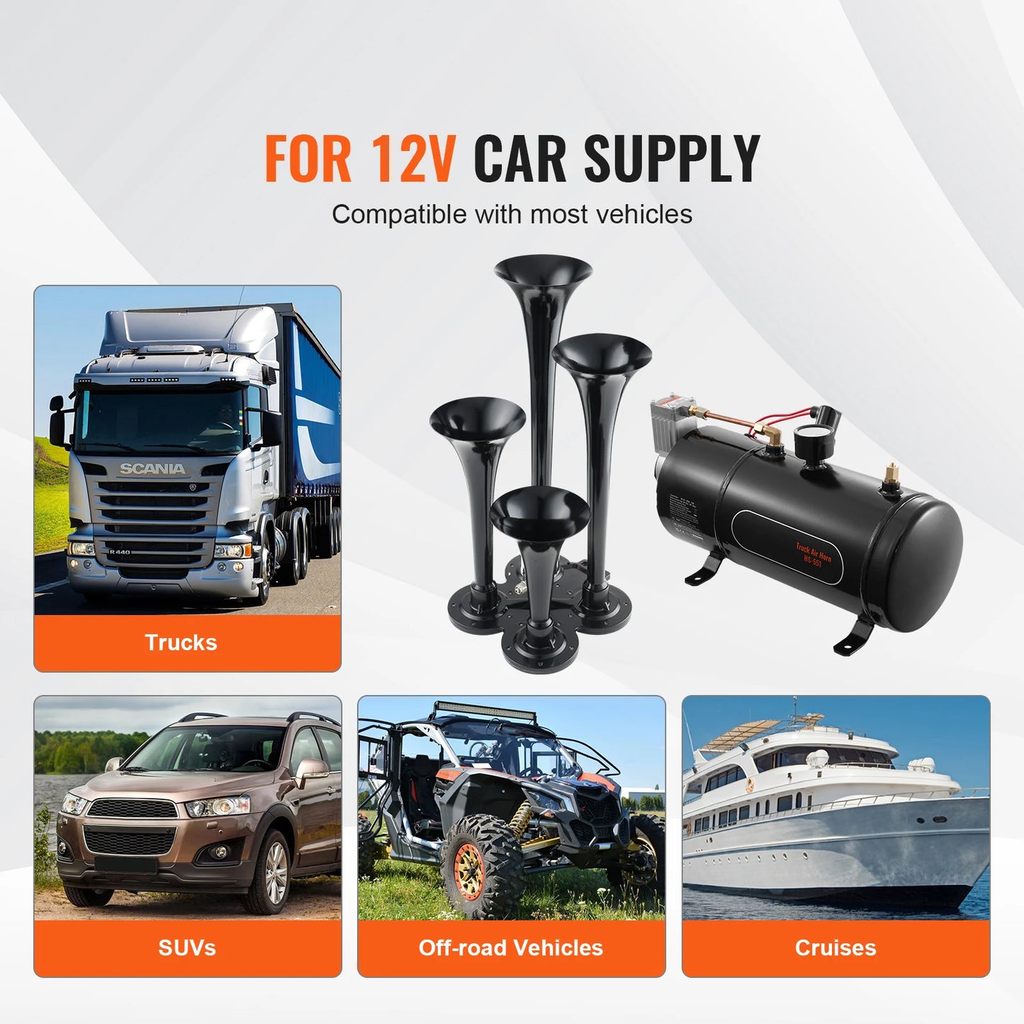 SucceBuy 4 Trumpet Train Horn Kit 150dB With 12V Air Compressor