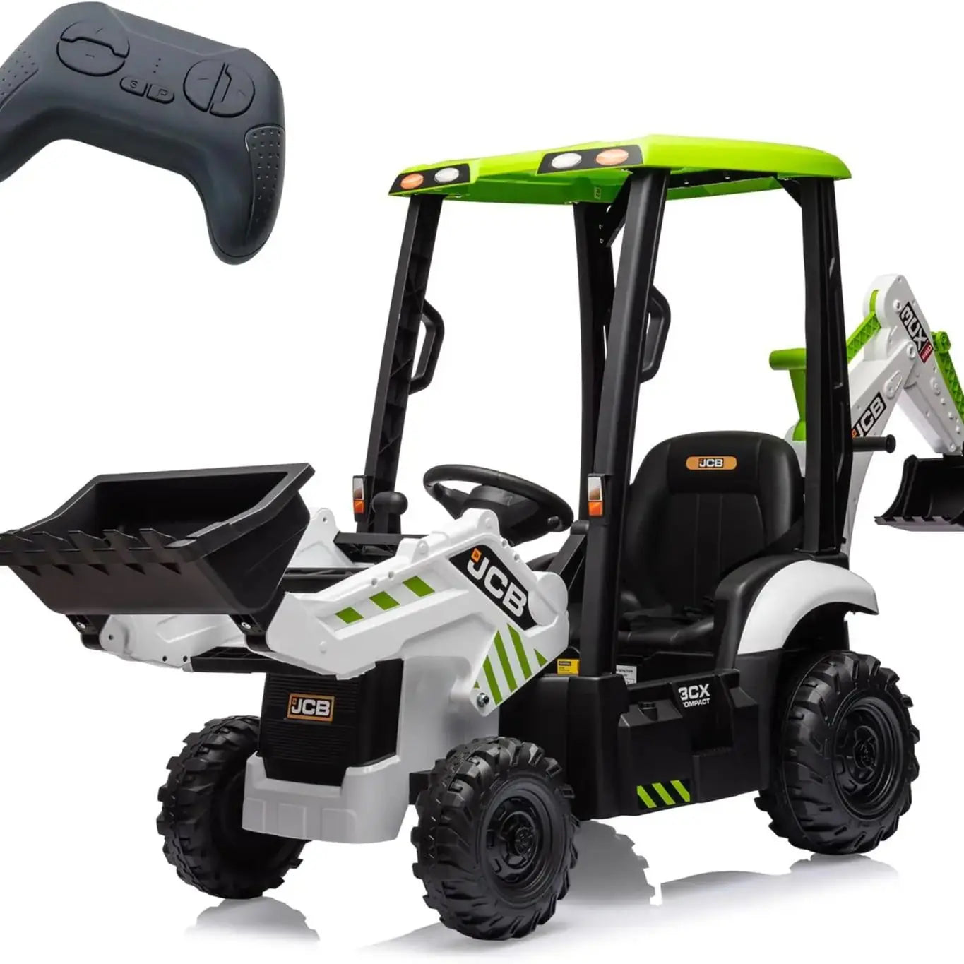 12V JCB Electric Backhoe Loader Toy Car, Battery Powered Ride on Excavator & Wheel Loader Construction Vehicle Toys w/Remote Con