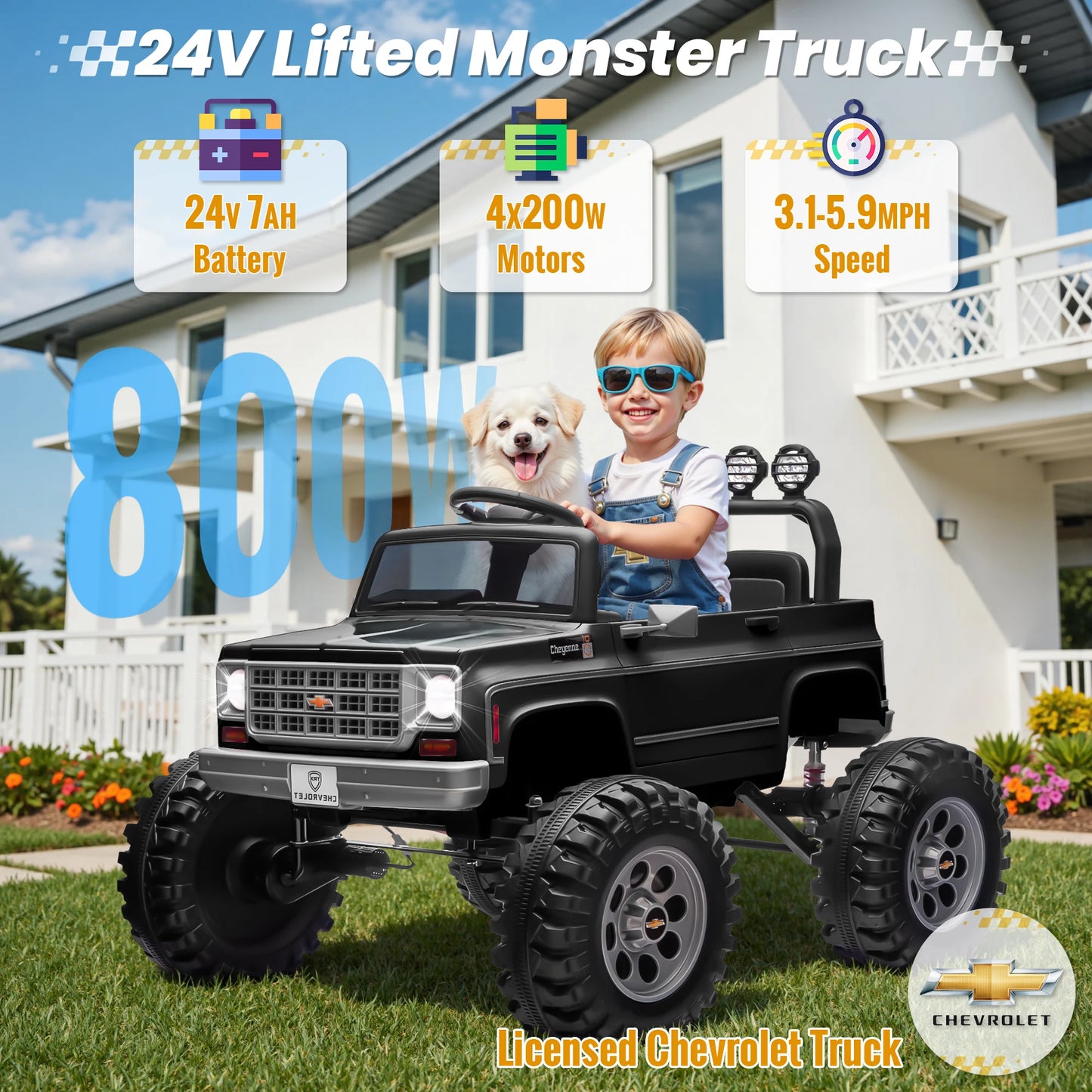 24V Ride on Car, Licensed Chevrolet Cheyenne Truck w/4X200W Motor, Remote Control, Decoration Streamer, 24 Volt Ride on Toys Pow