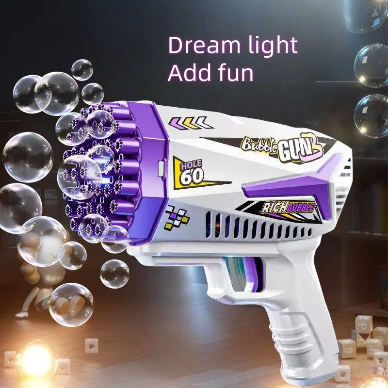 Large capacity rechargeable automatic bubble gun with colored lights, plastic material, suitable for indoor and outdoor birthday