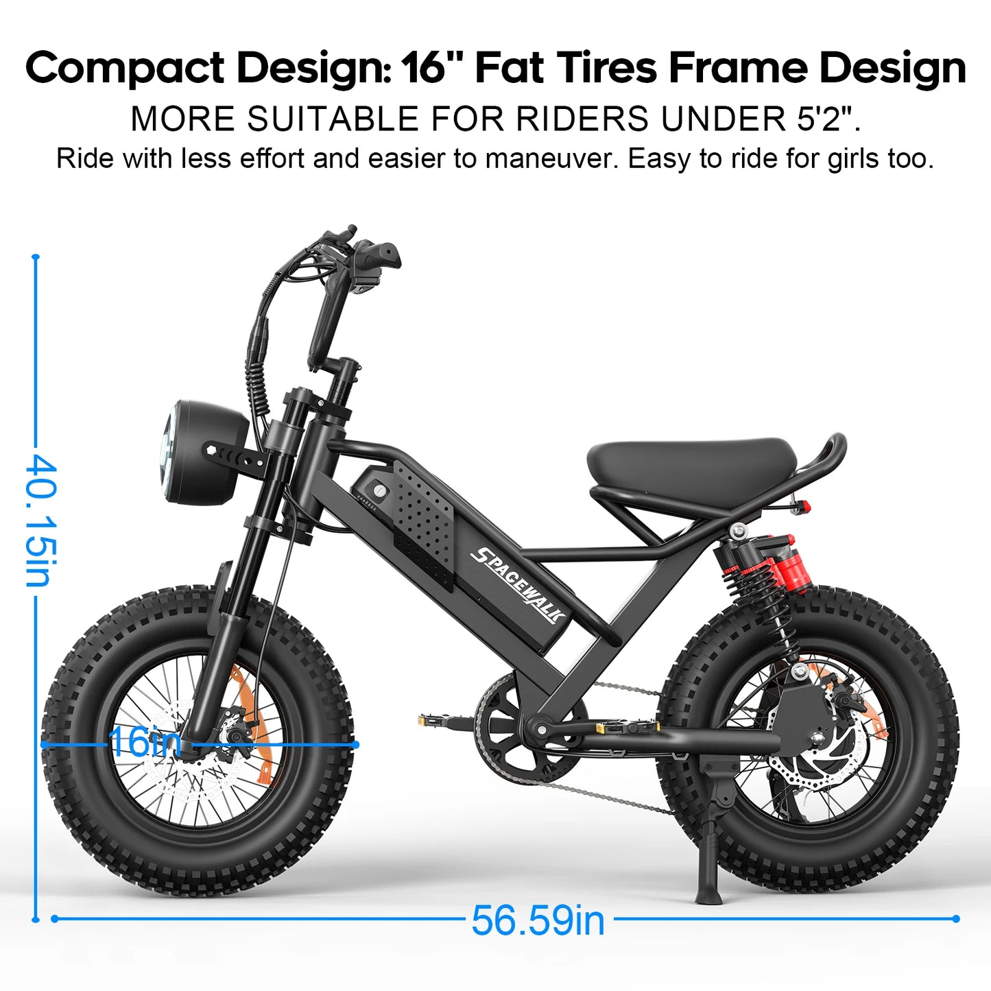 Spacewalk Small Electric Bike,16" Fat Tire Ebike,and Teenagers with 750W Brushless Motor,21.7MPH with Removable 48V/15AH Battery