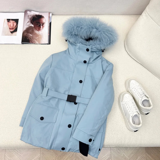 Fox Fur Hooded Womens Winter Ski Suit Blue Warm Down Jacket Waterproof Luxury