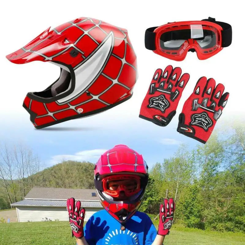 DOT Youth Full Face Kids Helmet For Motocross ATV Red Spider Net