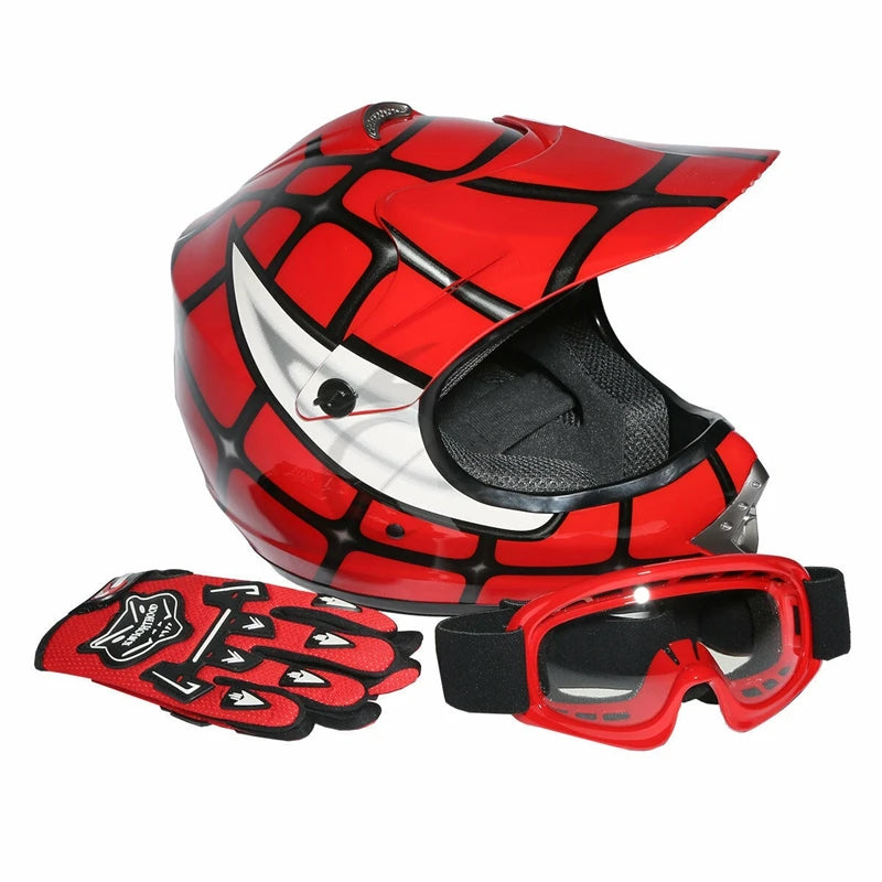 DOT Youth Full Face Kids Helmet For Motocross ATV Red Spider Net