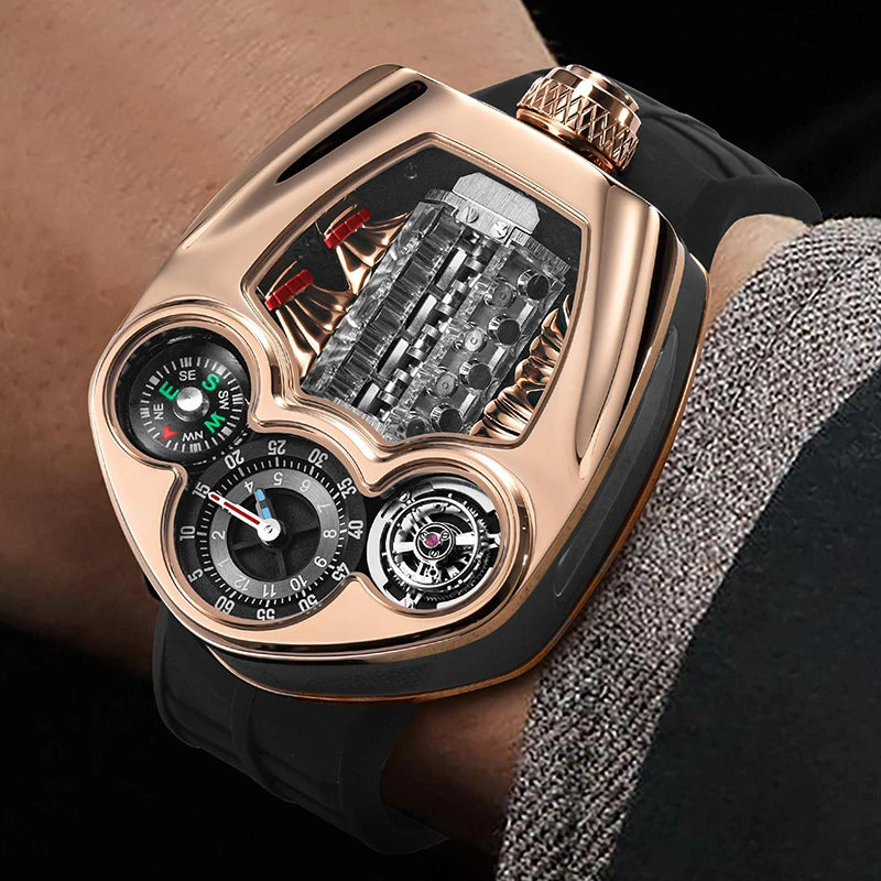 Pindu Design Mens Quartz Wristwatch With Silicone Strap Large Dial Compass