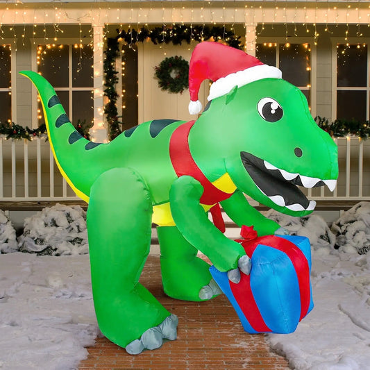 Joyfy 5 FT Christmas Inflatables Dinosaur Outdoor Decorations Christmas Dinosaur with Gift Box Built-in LEDs for Holiday Party