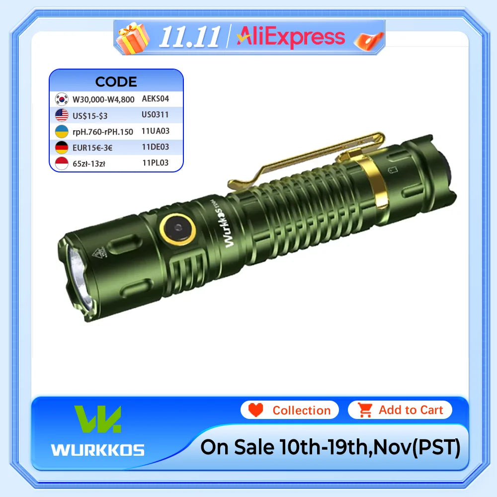 Wurkkos TD04 21700 Rechargeable Tactical Flashlight XHP50D 3000 Lm USB C IP68