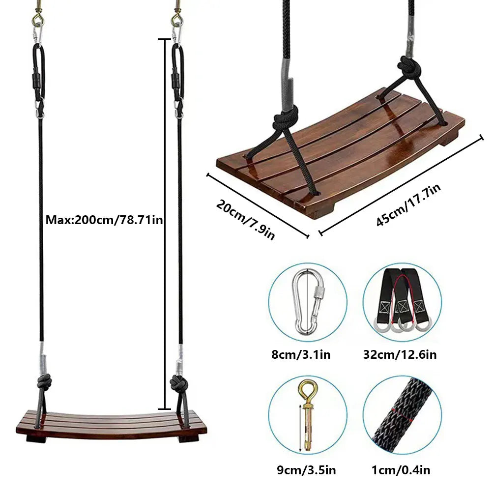Solid Wood Swing Wooden Swing Seat Adjustable Rope Length Curved Swing Outdoor Rope Swing for Garden Patio Yard