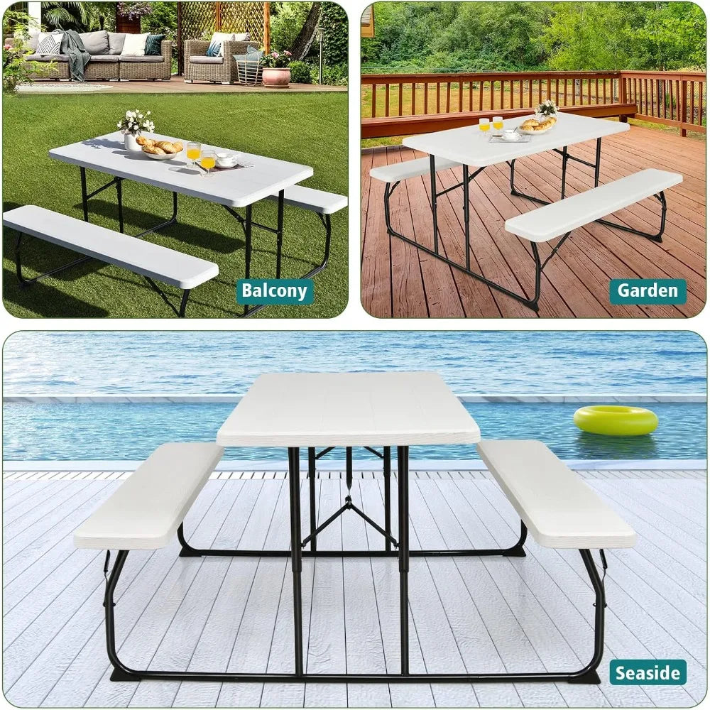 Folding Picnic Table, Plastic Picnic Table with 2 Benches, Outdoor Foldable Table and Bench with Steel Frame & Wood-Lik