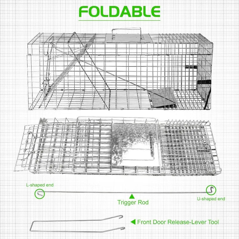 32" Heavy Duty Folding Animal Trap - Humane Catch & Release for Raccoons/Stray Cats/Squirrels