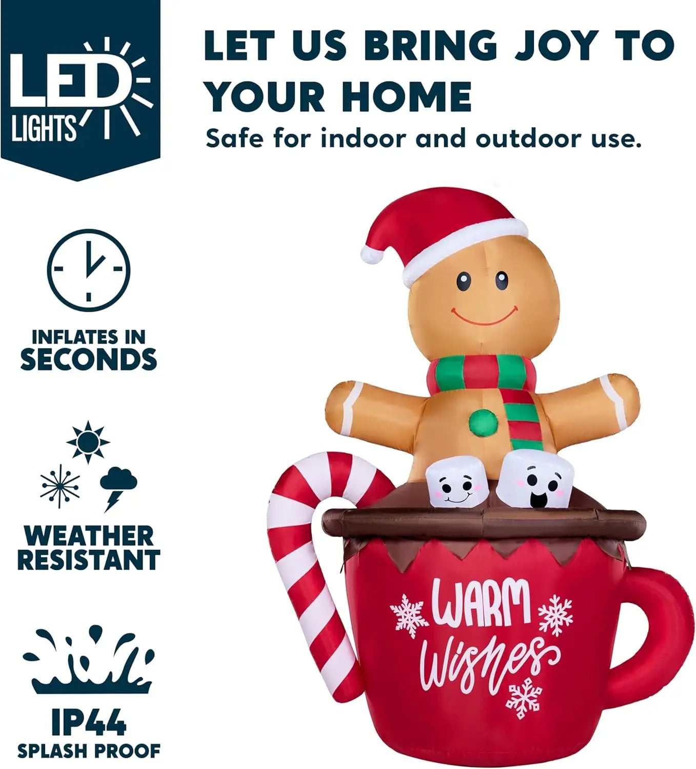 JOYFY 6 FT Tall Christmas Inflatable Gingerbread Man in Hot Cocoa Mug with Build-in LEDs for Xmas Party Outdoor Garden Decor