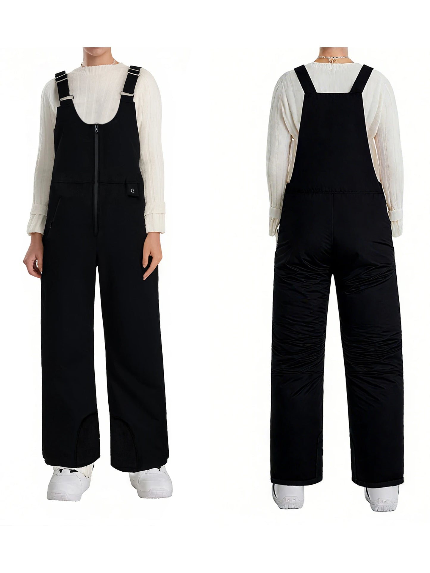Women's Insulated Ski Bib Overalls With Zippered Pockets And Adjustable Straps