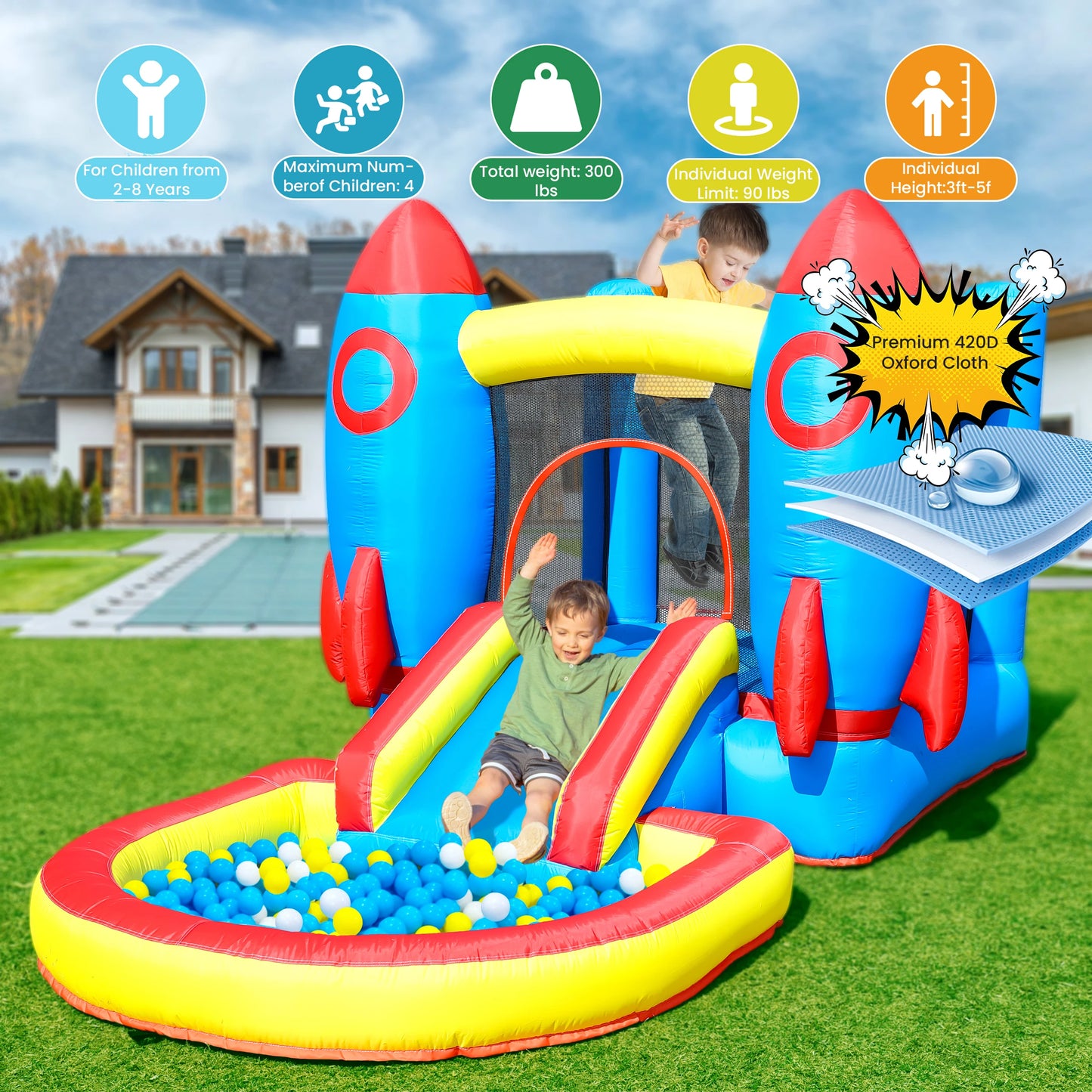 News Inflatable Rocket Bounce House Castle Ball Pit for Kids Indoor Outdoor w/Blower Commercial children's playground