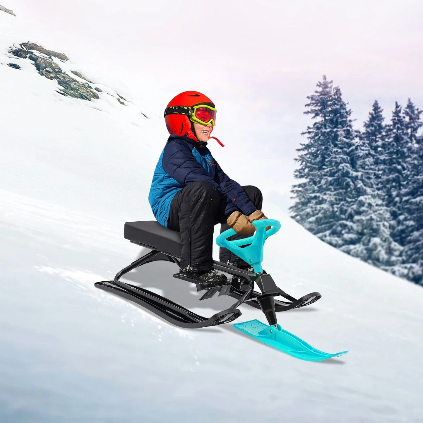 Snow Sled Slider Board With Steering Wheel And Twin Brakes For Teens And Kids