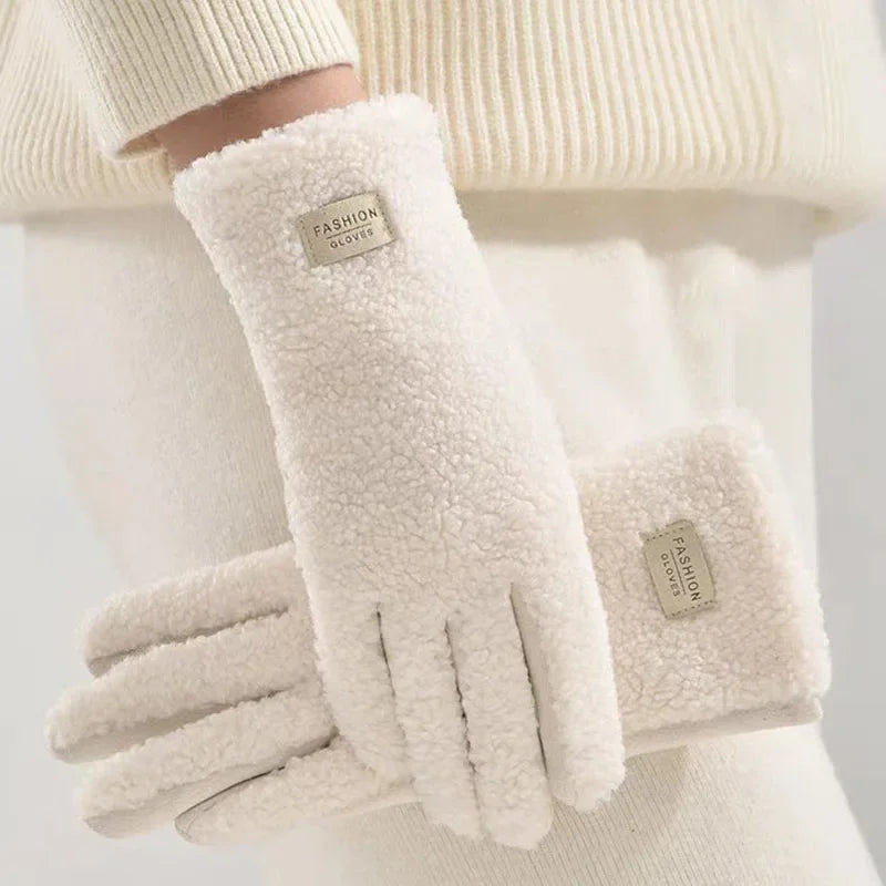 Women Winter Touch Screen Gloves Imitation Teddy Fur Suede Thickened Soft Warm
