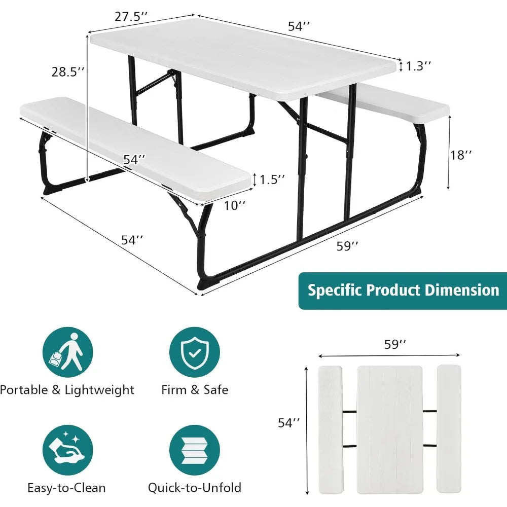 Folding Picnic Table, Plastic Picnic Table with 2 Benches, Outdoor Foldable Table and Bench with Steel Frame & Wood-Lik