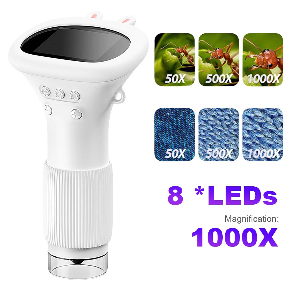 1000X Lab Digital Microscope With 8 LED Light 2 Inch IPS Screen Portable