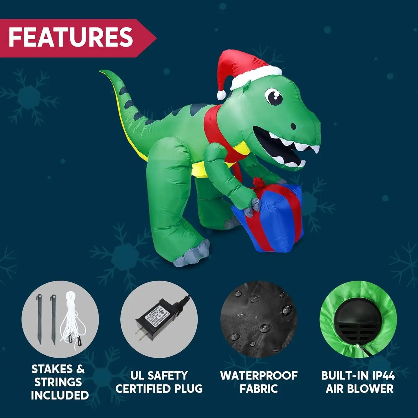 Joyfy 5 FT Christmas Inflatables Dinosaur Outdoor Decorations Christmas Dinosaur with Gift Box Built-in LEDs for Holiday Party