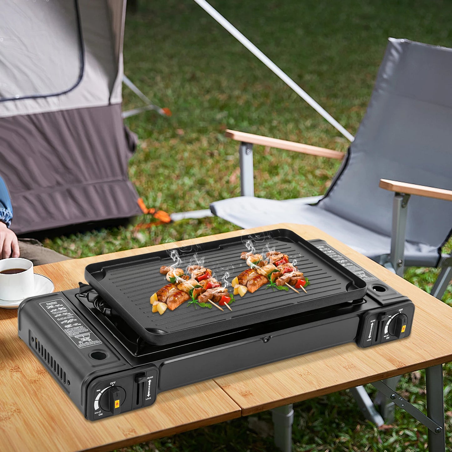 Double Head Barbecue Gas Stove With Baking Tray For Outdoor Use