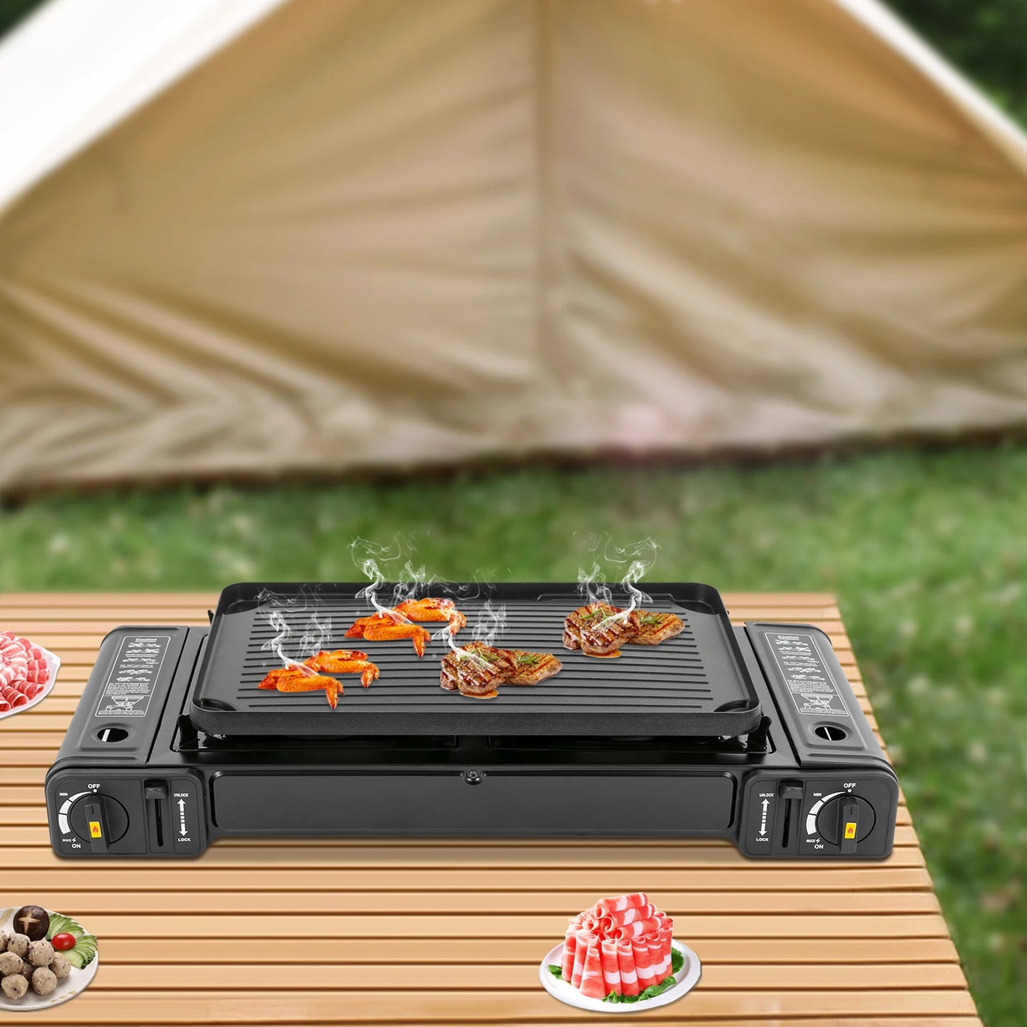 Double Head Barbecue Gas Stove With Baking Tray For Outdoor Use