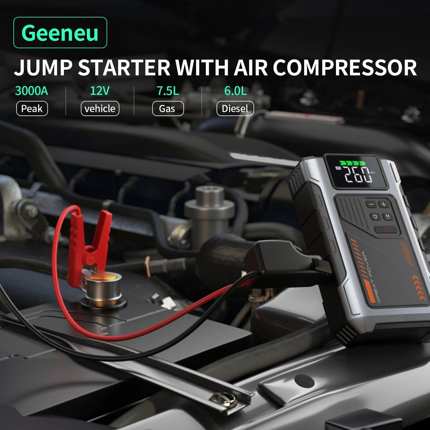 Geeneu Portable Jump Starter With Air Compressor 3000A Peak