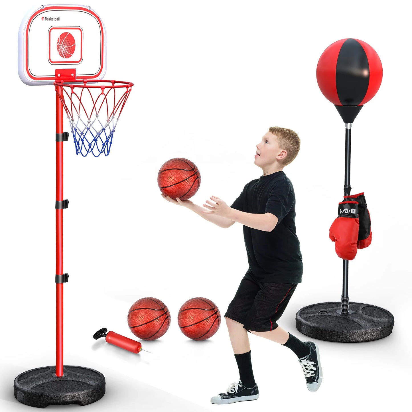 2 In 1 Kids Basketball Hoop And Punching Bag, Adjustable Basketball Set, Standing Punching Bag,Indoor Outdoor Sport Toys