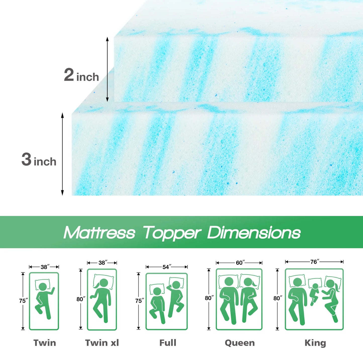 JHK Gel Memory Foam Mattress Topper 2 To 3 Inch Full Size Cooling Topper