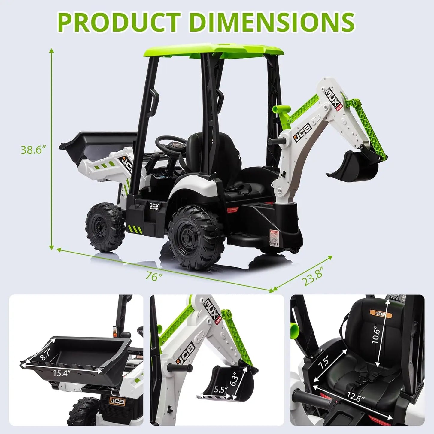 12V JCB Electric Backhoe Loader Toy Car, Battery Powered Ride on Excavator & Wheel Loader Construction Vehicle Toys w/Remote Con