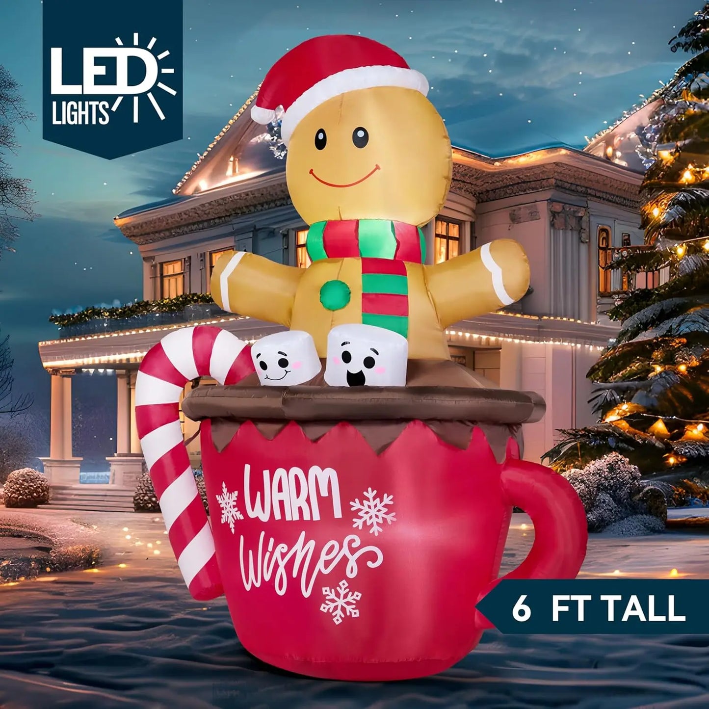 JOYFY 6 FT Tall Christmas Inflatable Gingerbread Man in Hot Cocoa Mug with Build-in LEDs for Xmas Party Outdoor Garden Decor