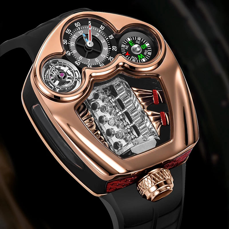 Pindu Design Mens Quartz Wristwatch With Silicone Strap Large Dial Compass