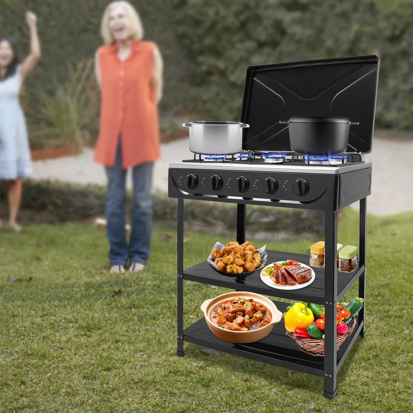 5 Burner Natural Gas Stove Portable Camp Grill With Storage Stand For Outdoor RV