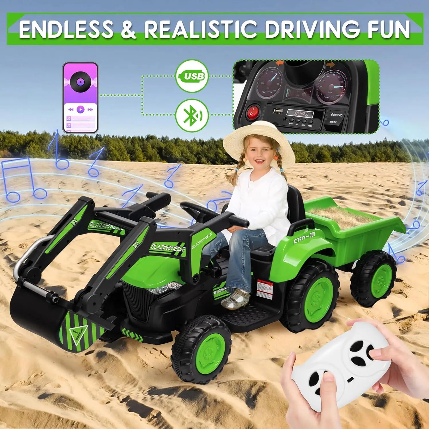 Kids 12V 3 in 1 Ride on Excavator & Tractor with Detachable Trailer, Ride on Car Toy with Remote Control, Digger, LED Lights