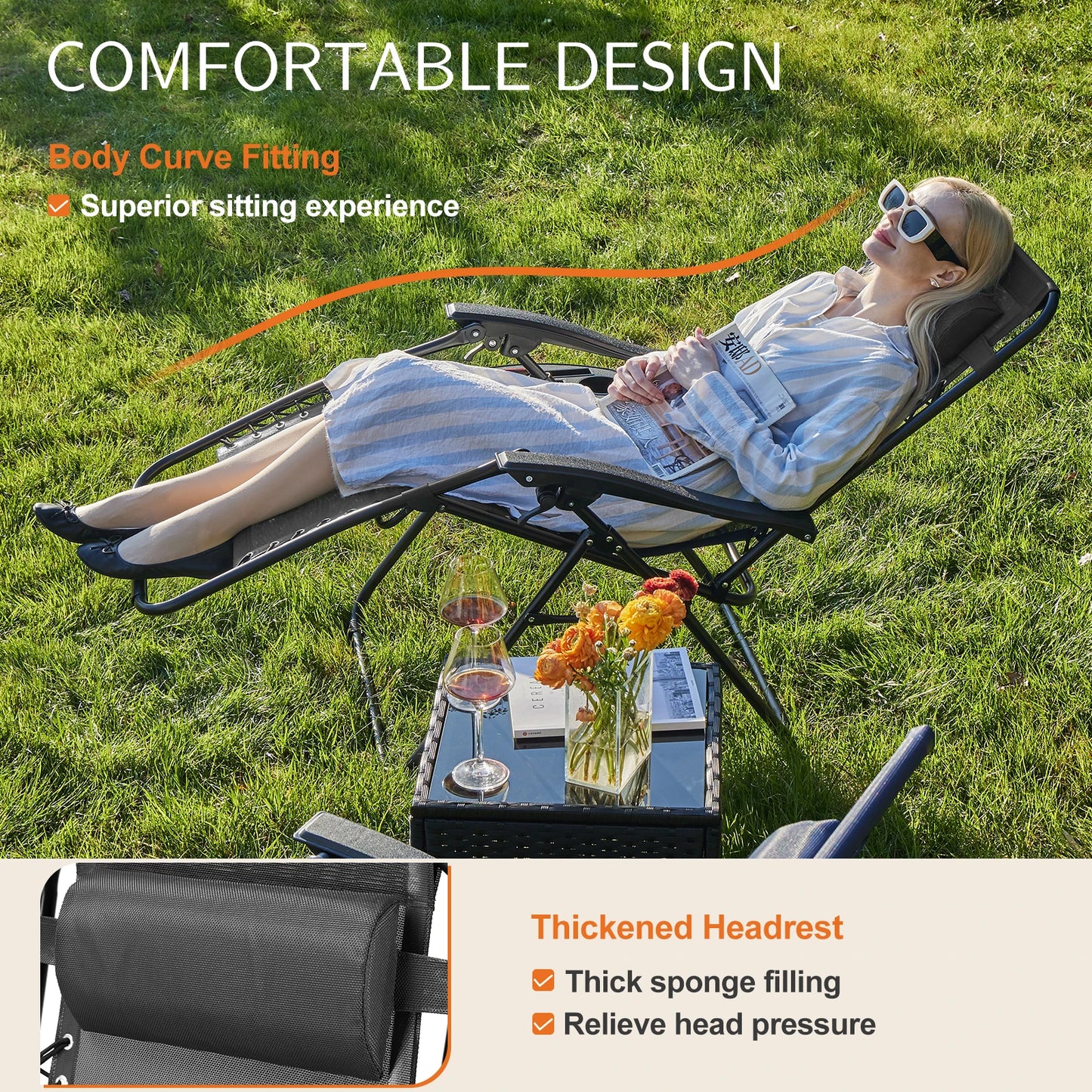 JHK Zero Gravity Recliner Chairs Set of 2 With Cup Holder Trays Outdoor Patio