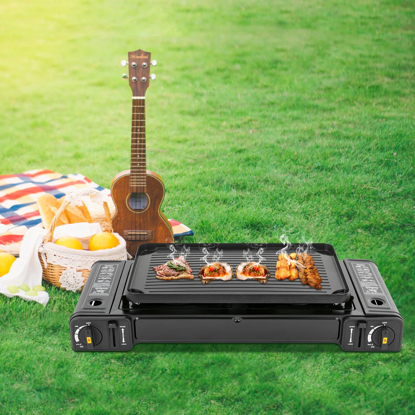 Double Head Barbecue Gas Stove With Baking Tray For Outdoor Use