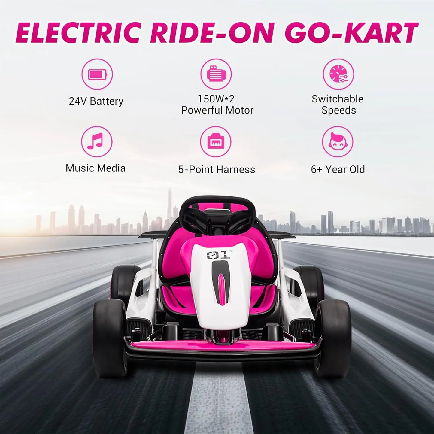 24V 7Ah Outdoor Ride On Toy Go Kart Electric Drift Kart Car 2 * 200W Motor 8.1 MPH, LED Lights, Toy Race Car for Kids 6-12 Years