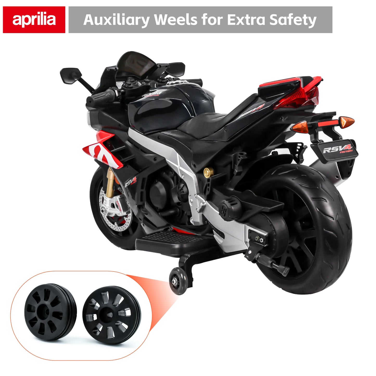 24V Kids Motorcycle Electric Motorbike Aprilia Licensed Ride on Toy w/LED Lights Bluetooth Music Battery Powered 10MPH