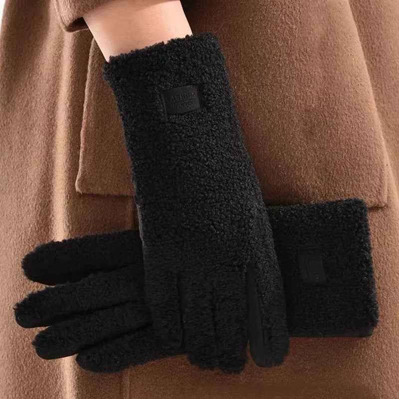 Women Winter Touch Screen Gloves Imitation Teddy Fur Suede Thickened Soft Warm