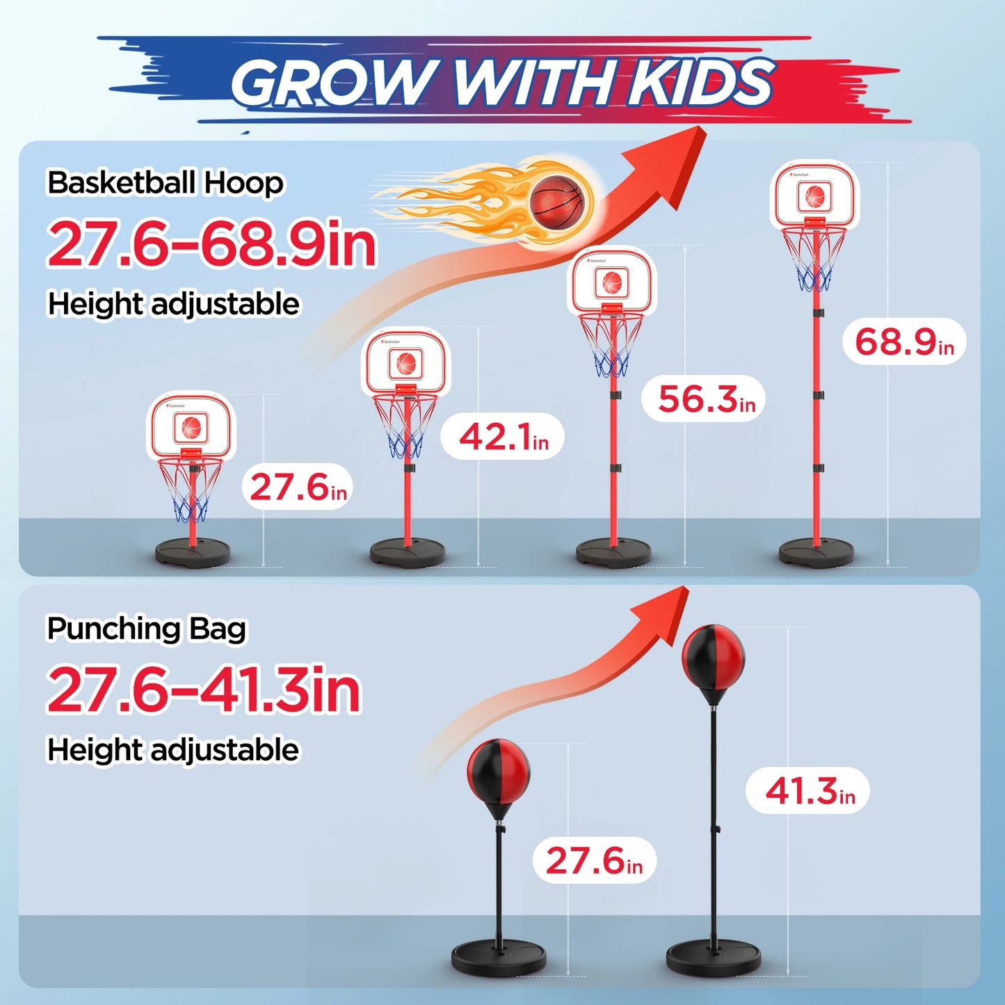 2 In 1 Kids Basketball Hoop And Punching Bag, Adjustable Basketball Set, Standing Punching Bag,Indoor Outdoor Sport Toys