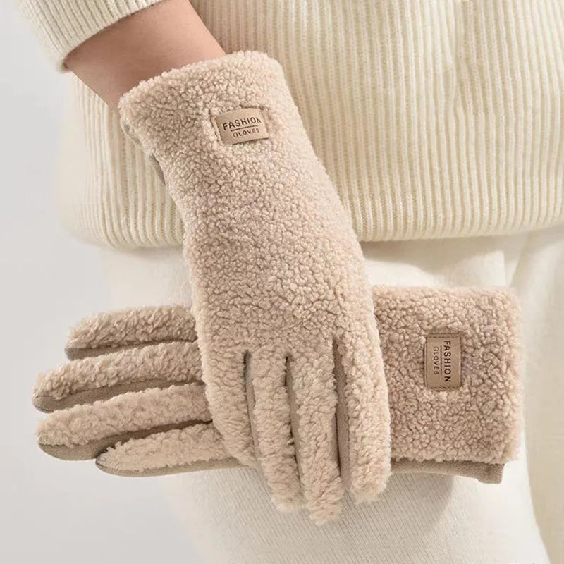 Women Winter Touch Screen Gloves Imitation Teddy Fur Suede Thickened Soft Warm