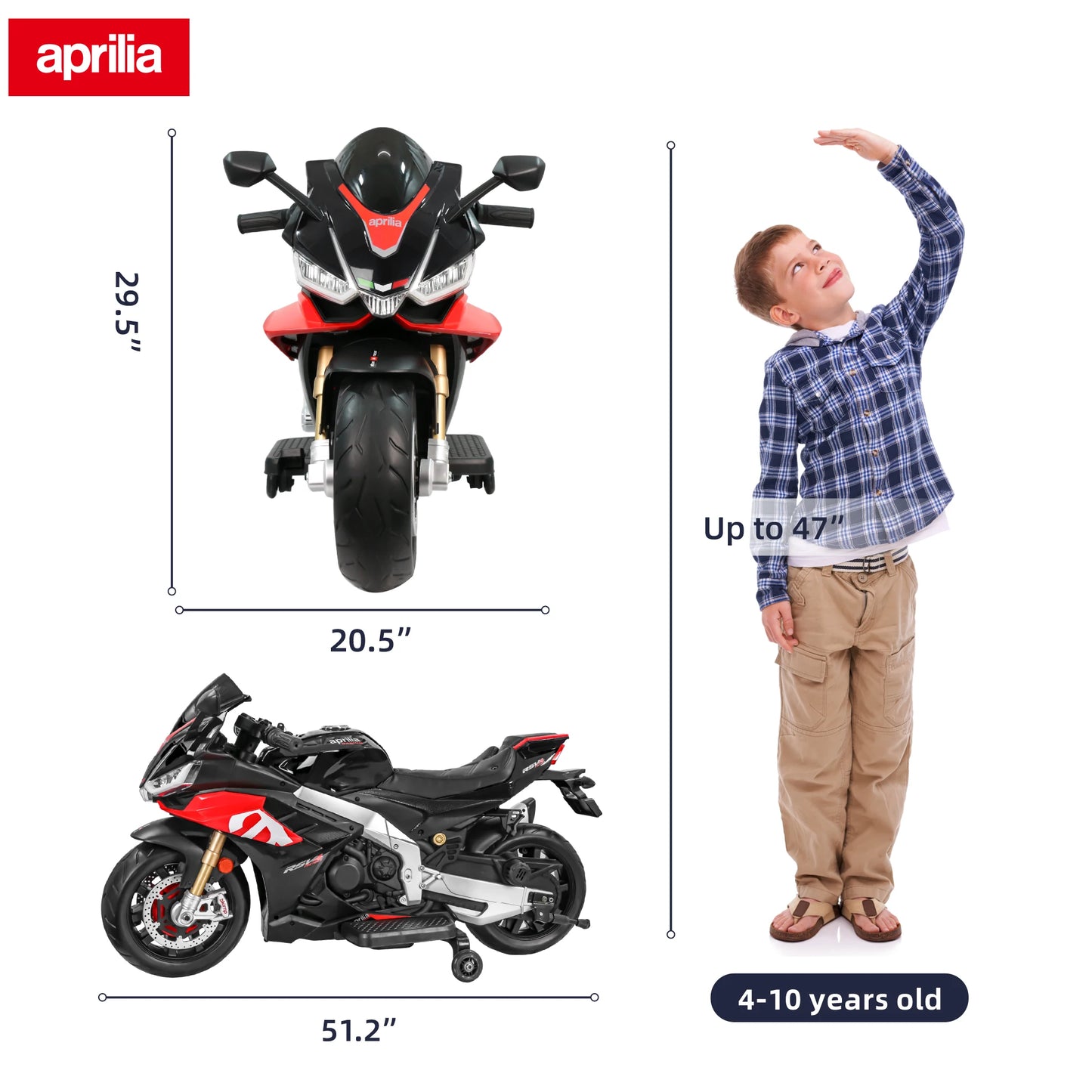 24V Kids Motorcycle Electric Motorbike Aprilia Licensed Ride on Toy w/LED Lights Bluetooth Music Battery Powered 10MPH