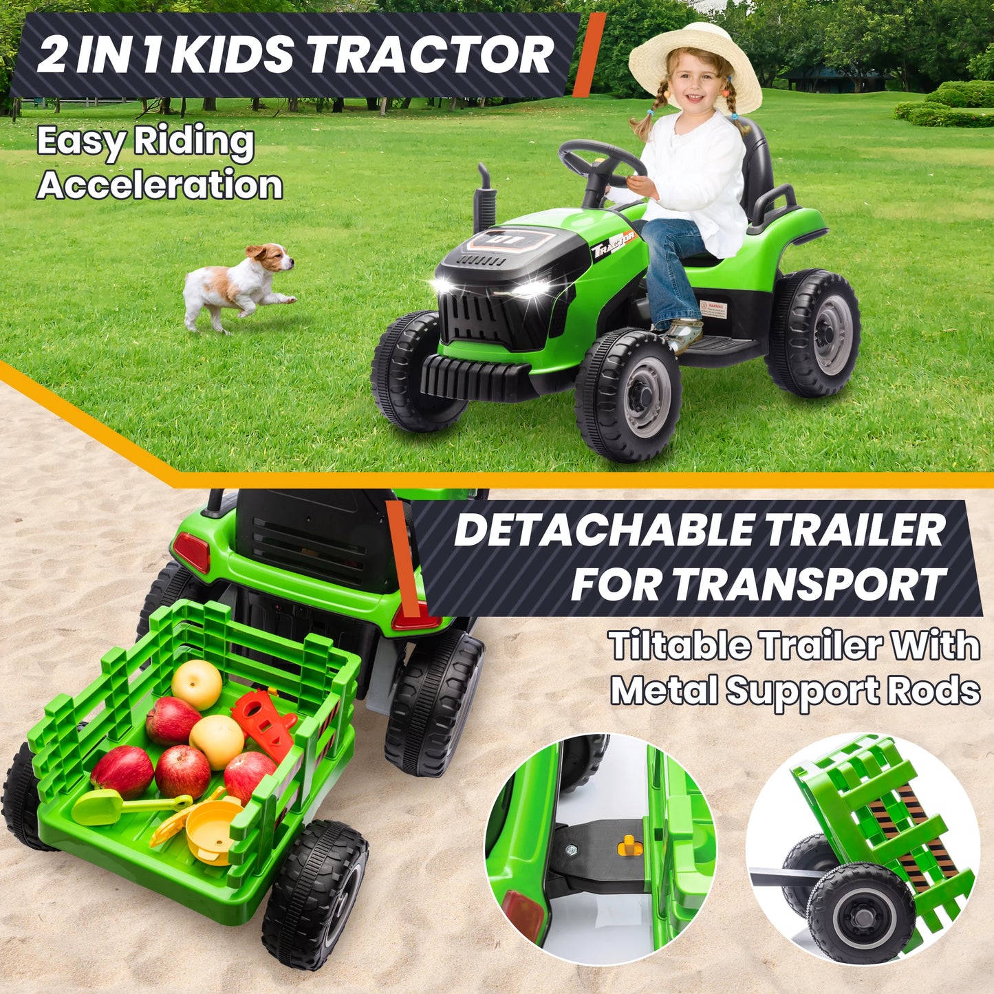 24 Volts Ride on Toys Vehicle w/Remote Control, 2 Seater Powered Ride on Tractor Truck, Electric Car for Kids 2-6 Gifts