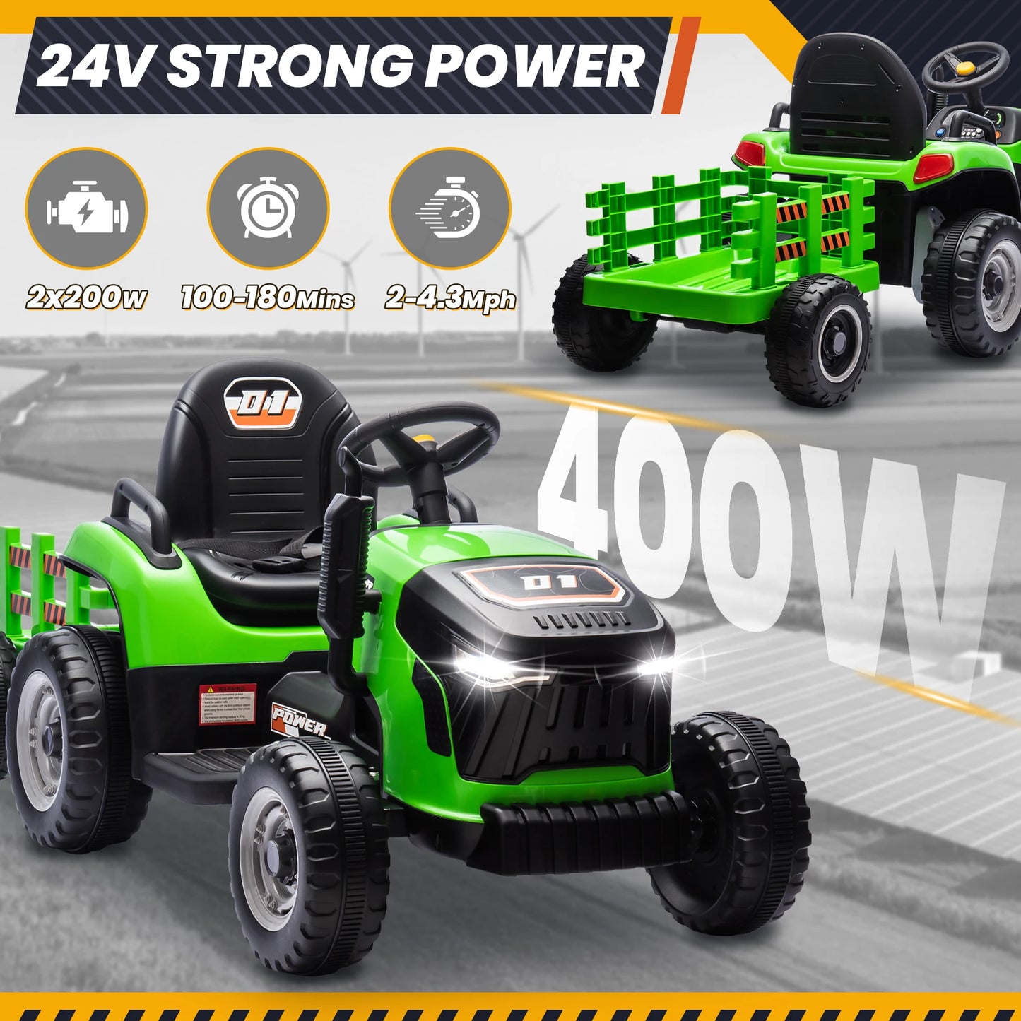 24 Volts Ride on Toys Vehicle w/Remote Control, 2 Seater Powered Ride on Tractor Truck, Electric Car for Kids 2-6 Gifts