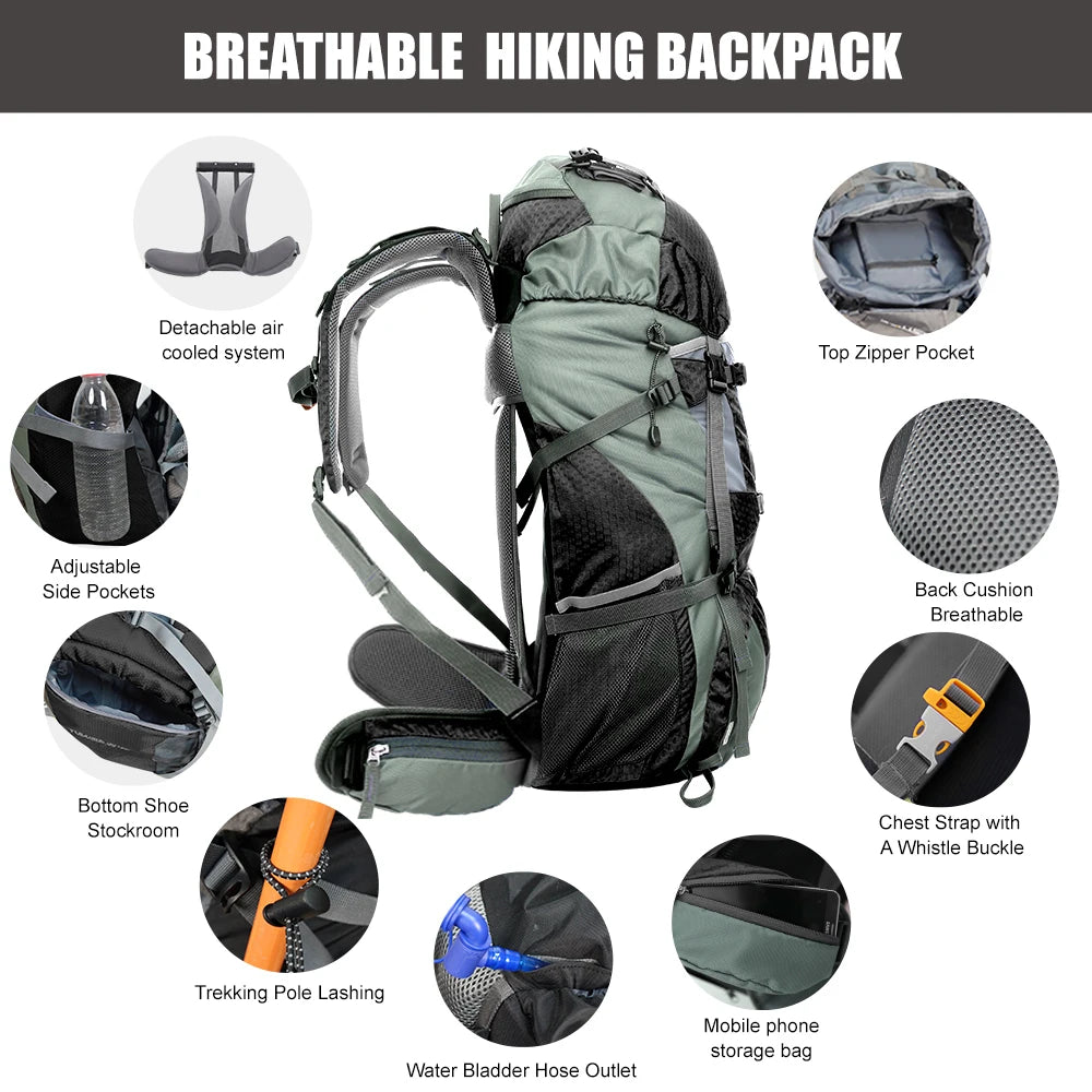 WestTune 60L Explorer Internal Frame Backpack With Rain Cover Hiking Camping