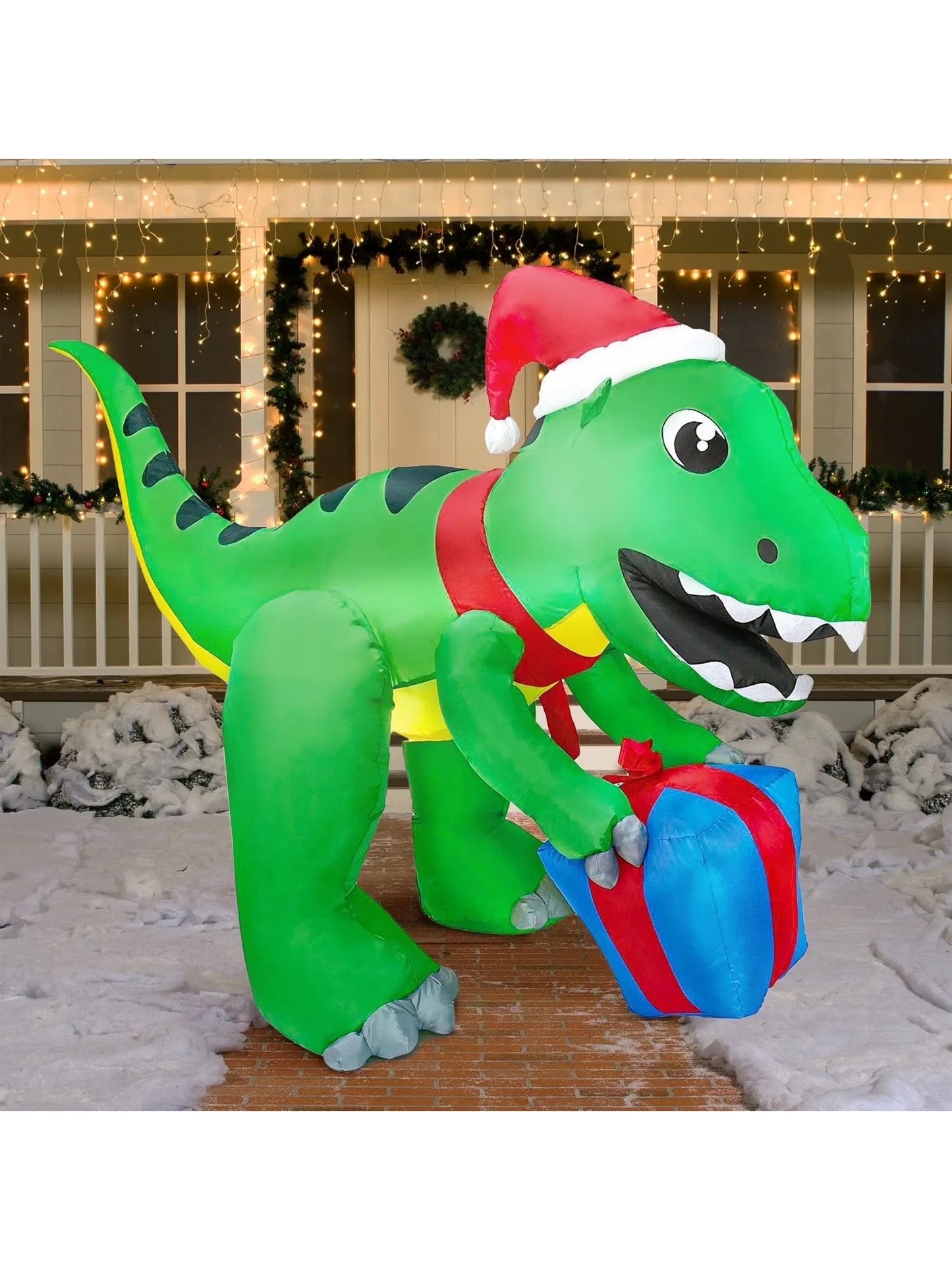 Joyfy 5 FT Christmas Inflatables Dinosaur Outdoor Decorations Christmas Dinosaur with Gift Box Built-in LEDs for Holiday Party