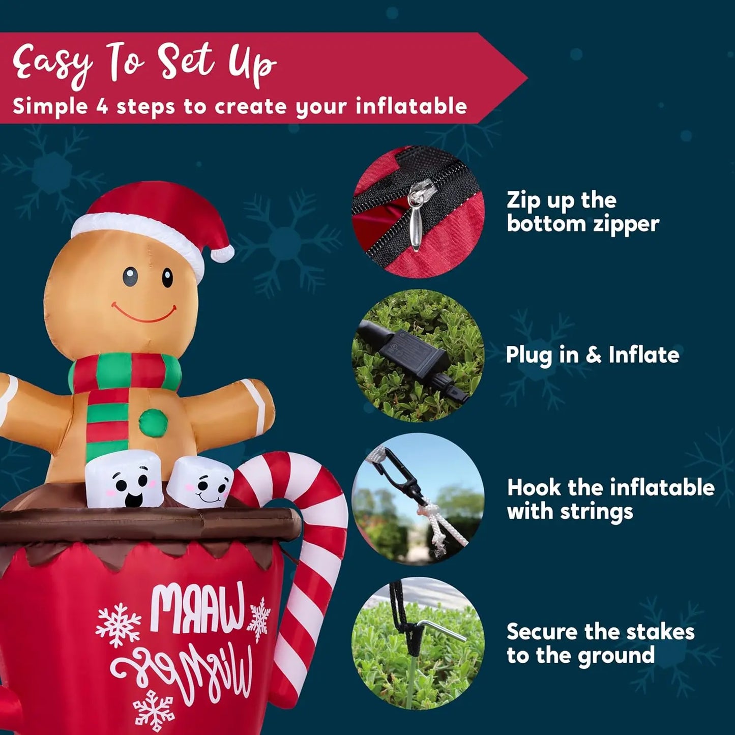 JOYFY 6 FT Tall Christmas Inflatable Gingerbread Man in Hot Cocoa Mug with Build-in LEDs for Xmas Party Outdoor Garden Decor