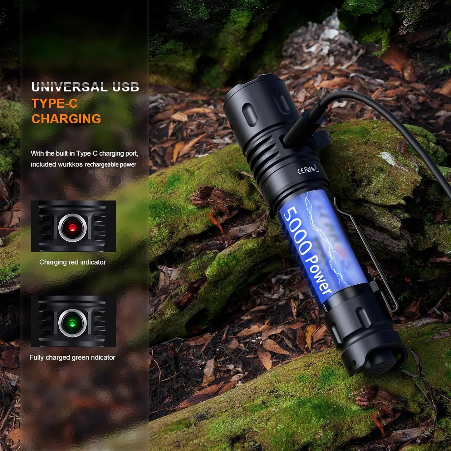 Wurkkos TD04 21700 Rechargeable Tactical Flashlight XHP50D 3000 Lm USB C IP68