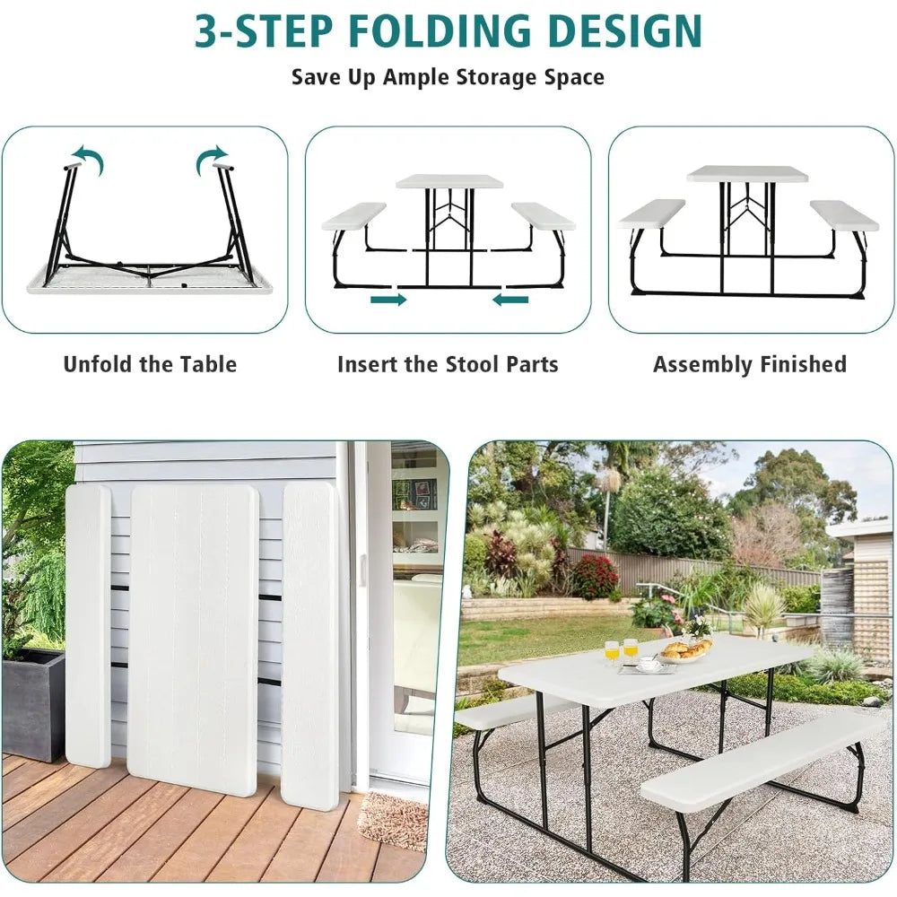 Folding Picnic Table, Plastic Picnic Table with 2 Benches, Outdoor Foldable Table and Bench with Steel Frame & Wood-Lik