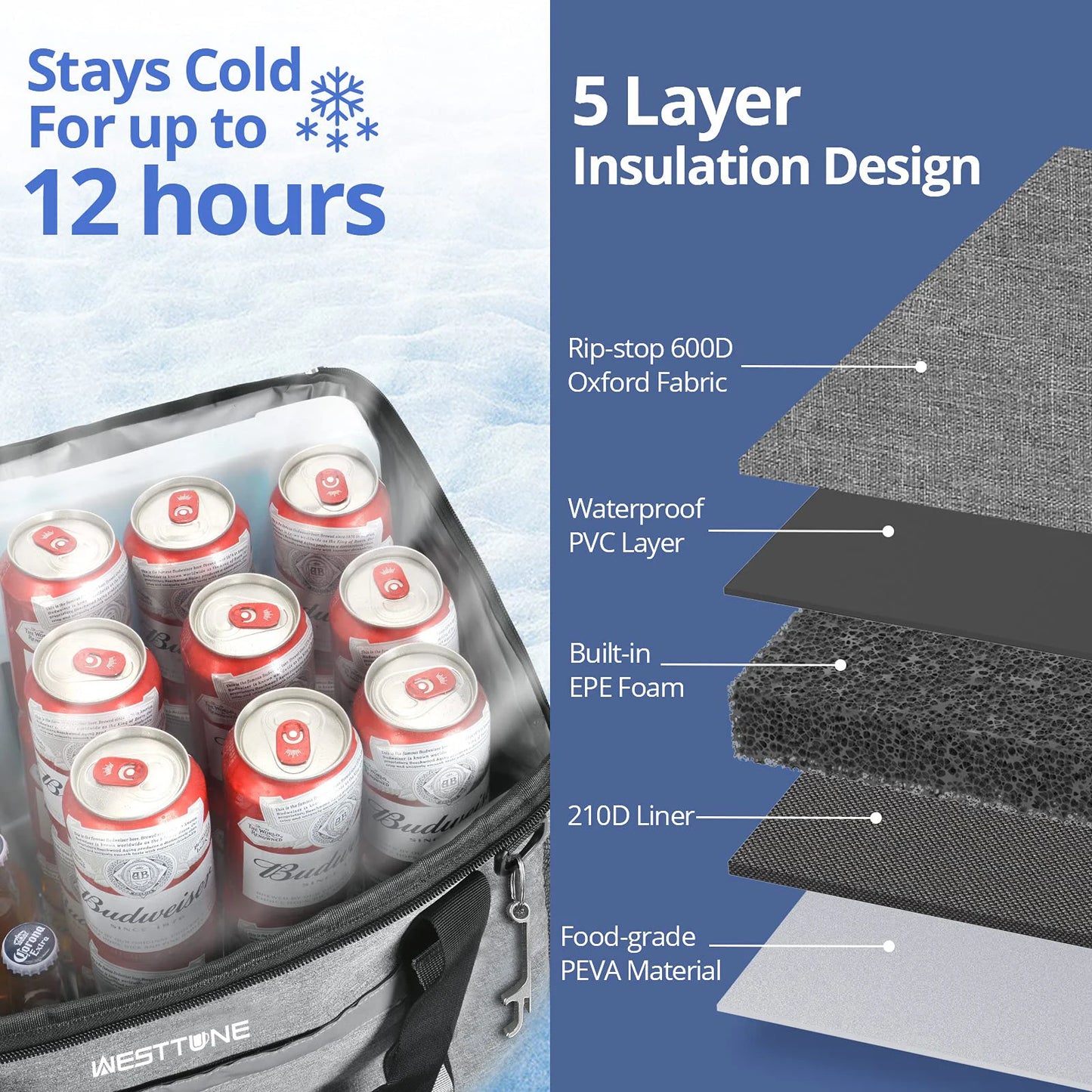 WESTTUNE 75 Cans Soft Cooler Bag Collapsible Cooler Ice Chest Large Leakproof Camping Cooler Portable Cooler for Travel Beach