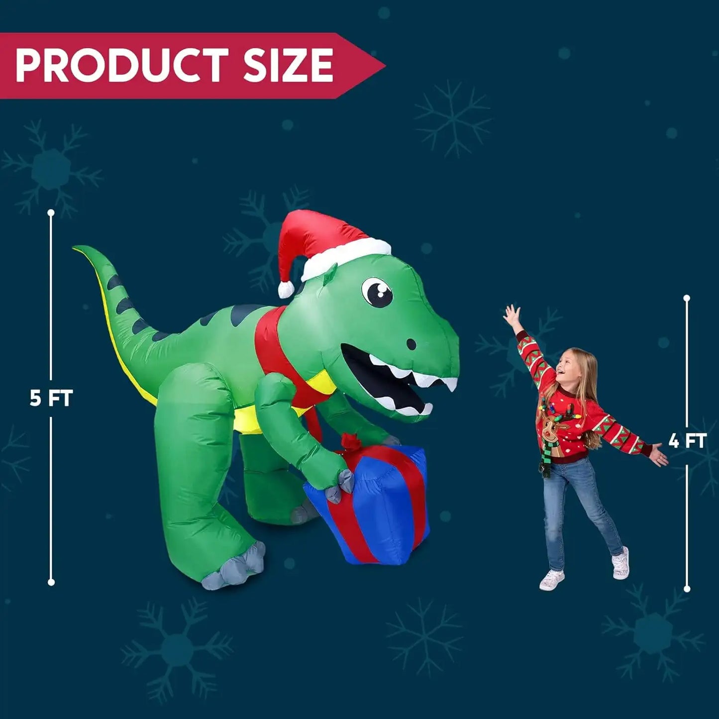 Joyfy 5 FT Christmas Inflatables Dinosaur Outdoor Decorations Christmas Dinosaur with Gift Box Built-in LEDs for Holiday Party